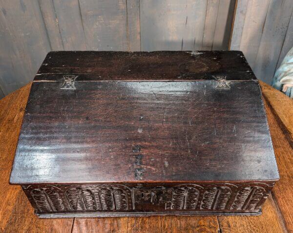 Early 17th Century Original Oak English Bible Box with Carved Front