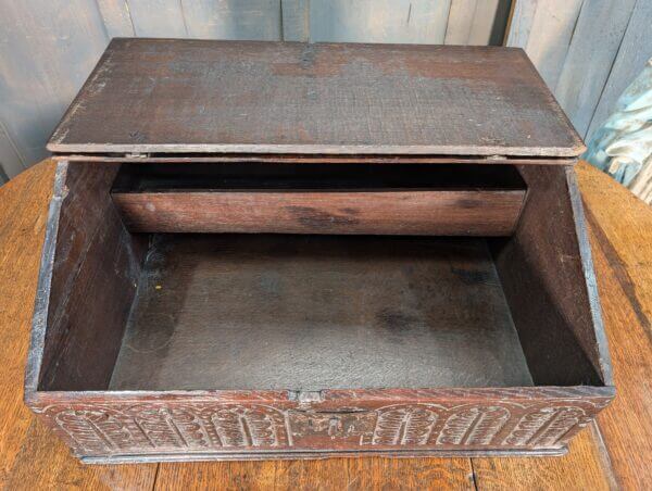 Early 17th Century Original Oak English Bible Box with Carved Front