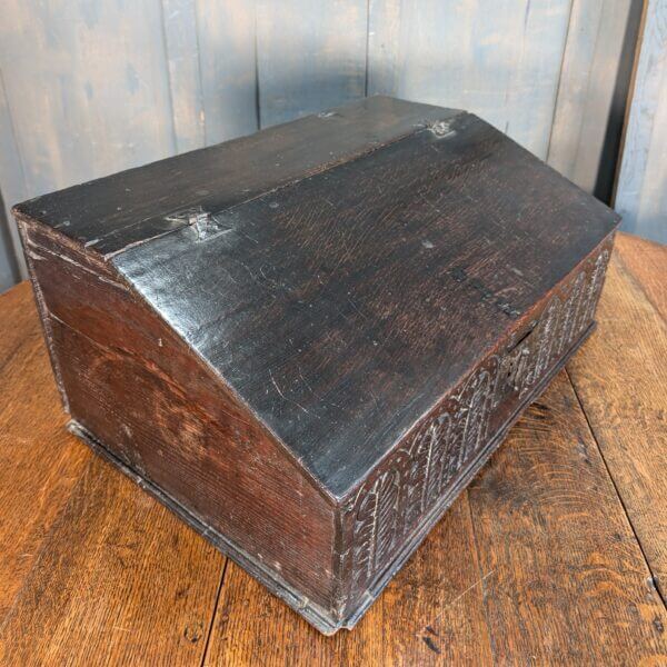 Early 17th Century Original Oak English Bible Box with Carved Front