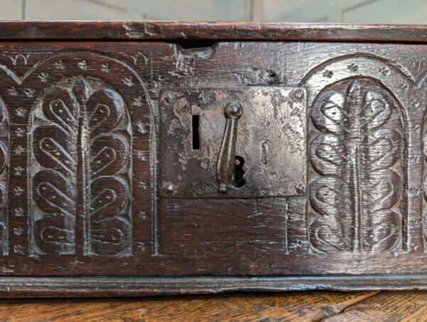 Early 17th Century Original Oak English Bible Box with Carved Front