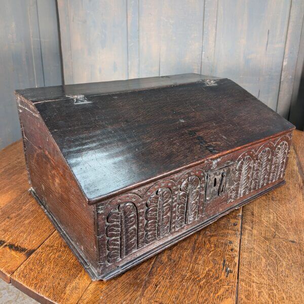 Early 17th Century Original Oak English Bible Box with Carved Front