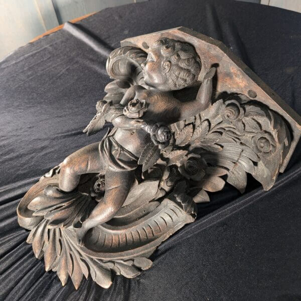 Antique French Carved Oak Cherub Putti Statue Candle, Plant Bracket