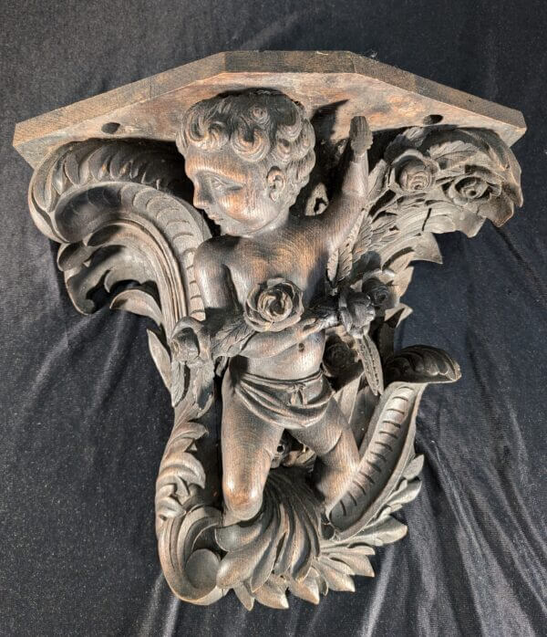 Antique French Carved Oak Cherub Putti Statue Candle, Plant Bracket