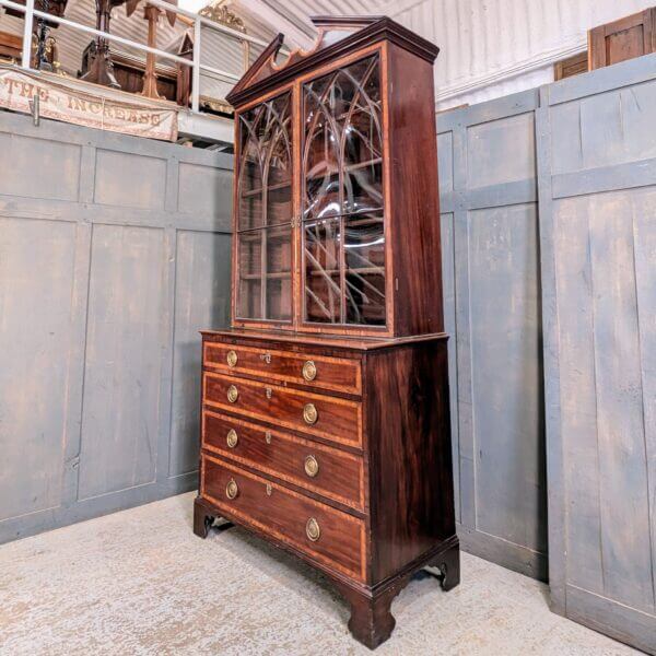 Elegant Late Georgian Glazed Satinwood Banded Mahogany Bookcase on Chest with Bracket Feet