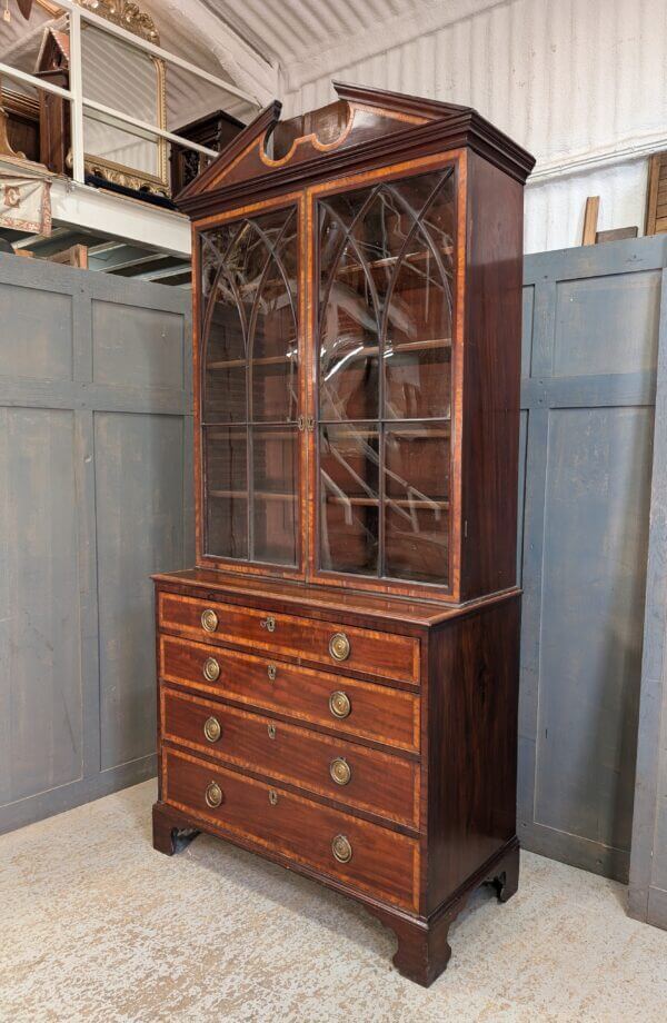 Elegant Late Georgian Glazed Satinwood Banded Mahogany Bookcase on Chest with Bracket Feet