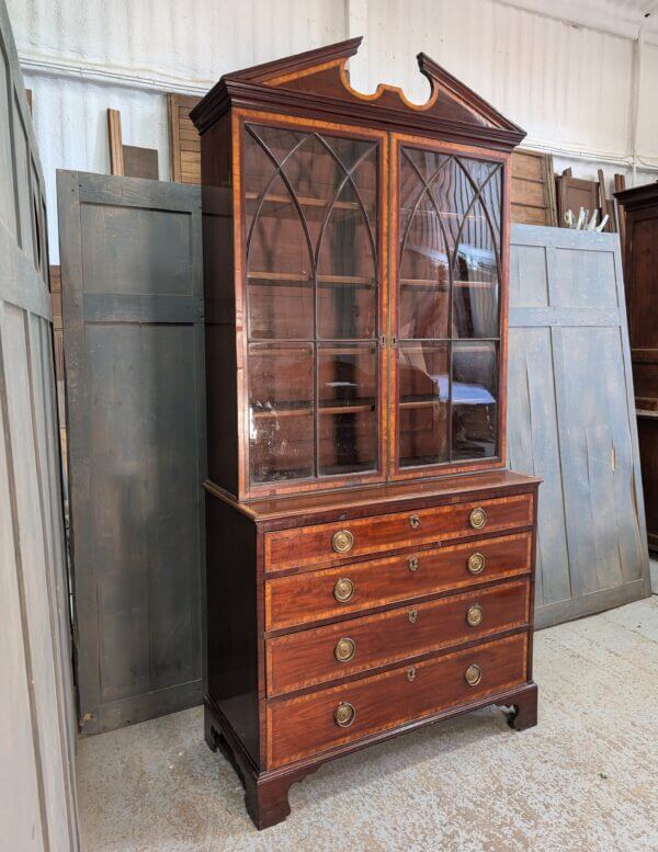 Elegant Late Georgian Glazed Satinwood Banded Mahogany Bookcase on Chest with Bracket Feet