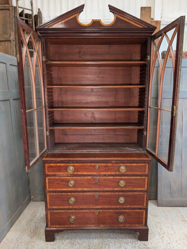 Elegant Late Georgian Glazed Satinwood Banded Mahogany Bookcase on Chest with Bracket Feet