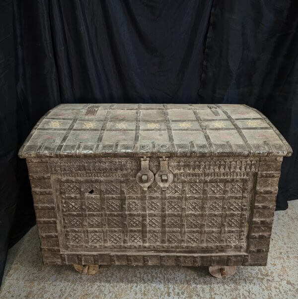 Large Heavyweight Wheeled Indian Metalwork Casket Chest