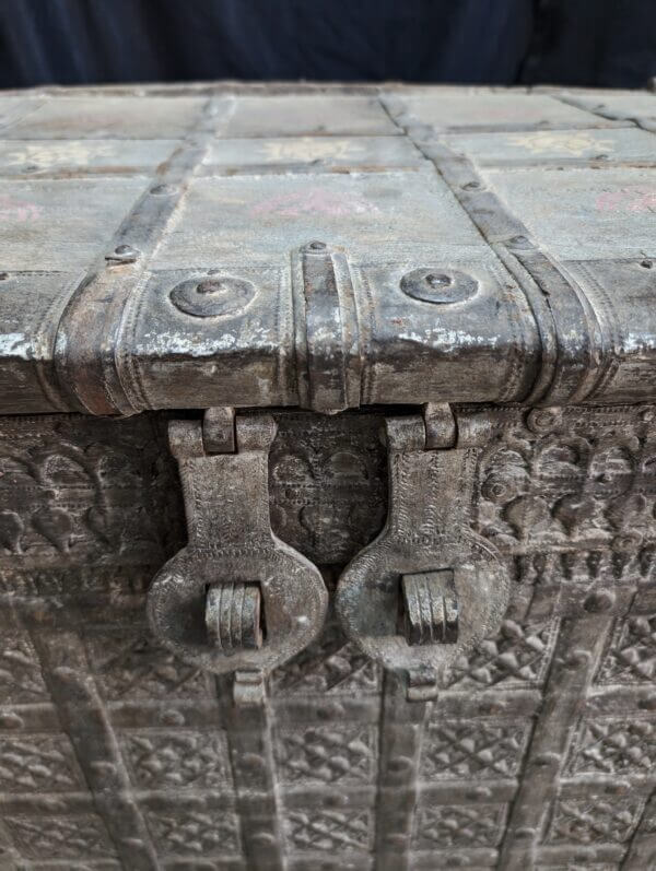 Large Heavyweight Wheeled Indian Metalwork Casket Chest