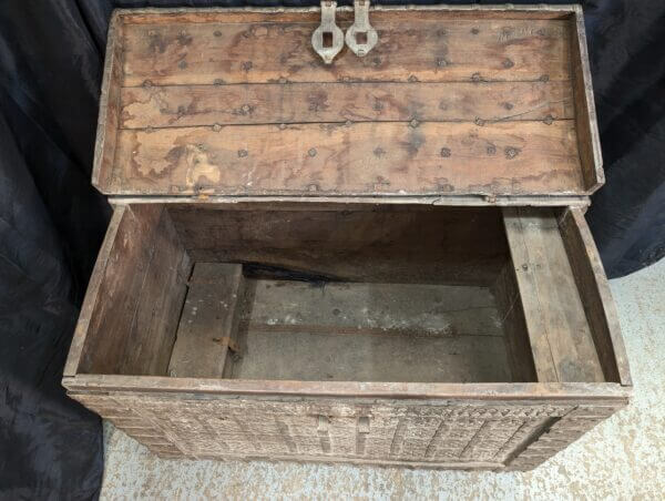 Large Heavyweight Wheeled Indian Metalwork Casket Chest