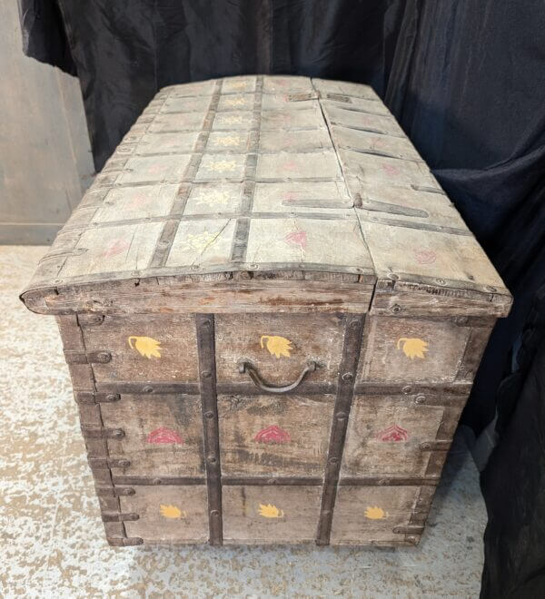 Large Heavyweight Wheeled Indian Metalwork Casket Chest