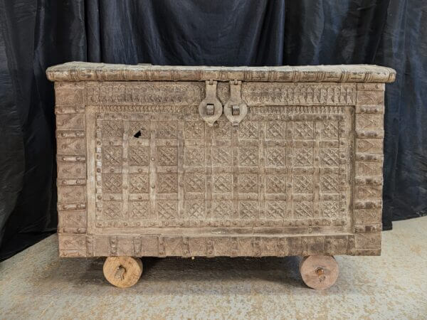 Large Heavyweight Wheeled Indian Metalwork Casket Chest