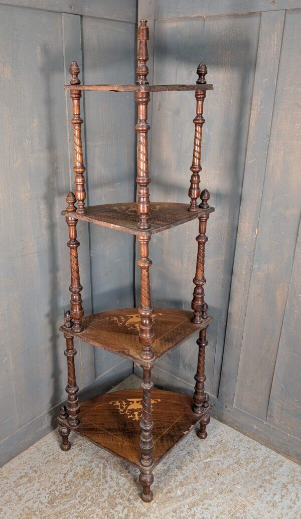 Tall 1900's Satinwood Marquetry on Mahogany Whatnot with Four Shelves