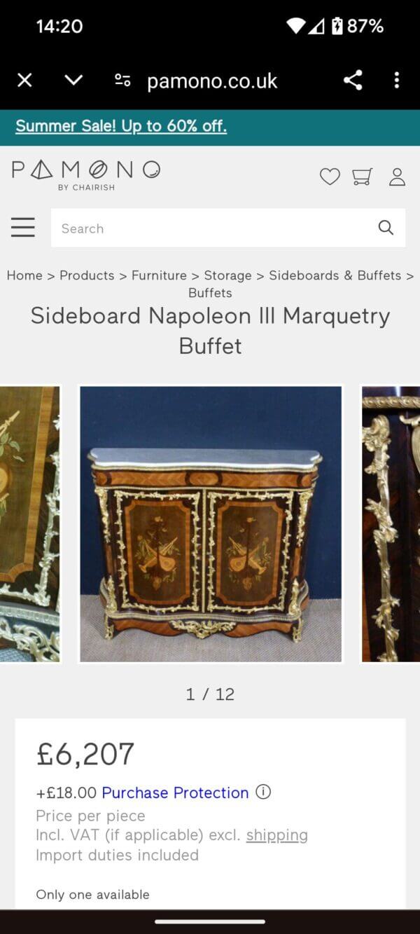 Napoleon III Style Marquetry Marble & Brass Sideboard Buffet