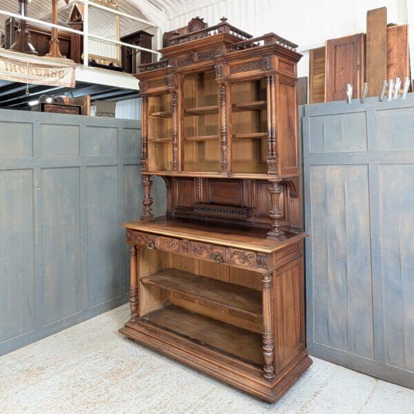 Monumental and Ornate Antique Flemish Walnut Bookcase Storage Cabinet