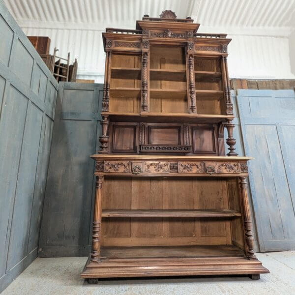 Monumental and Ornate Antique Flemish Walnut Bookcase Storage Cabinet