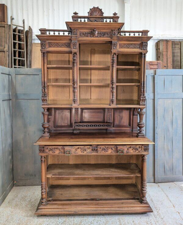 Monumental and Ornate Antique Flemish Walnut Bookcase Storage Cabinet