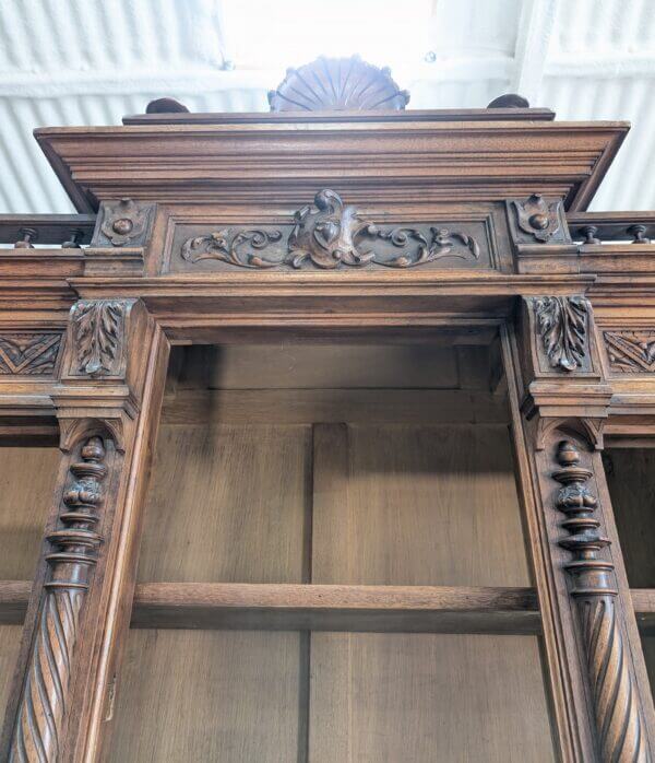 Monumental and Ornate Antique Flemish Walnut Bookcase Storage Cabinet