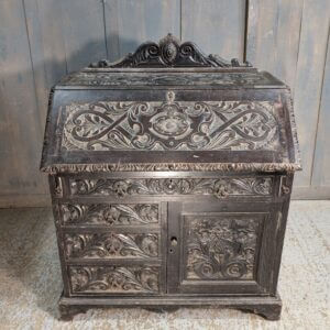Highly Carved Dark Oak Late Victorian Bureau with Four Drawers & Cupboard