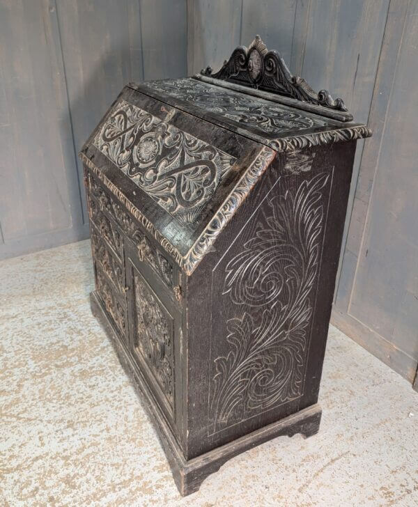 Highly Carved Dark Oak Late Victorian Bureau with Four Drawers & Cupboard