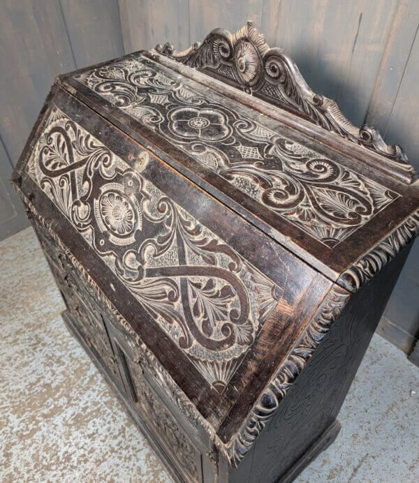 Highly Carved Dark Oak Late Victorian Bureau with Four Drawers & Cupboard