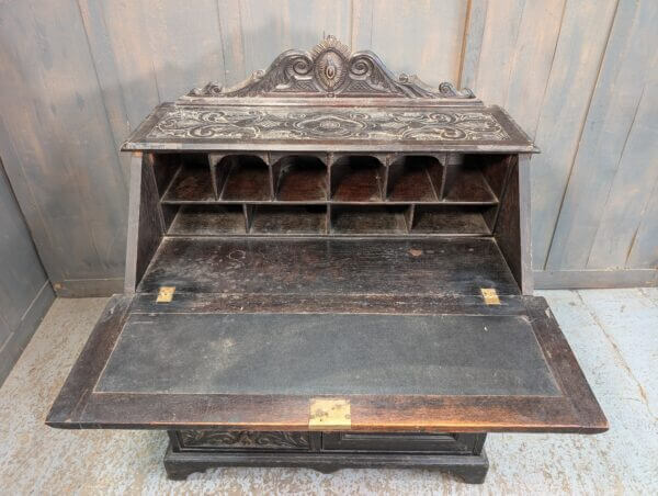 Highly Carved Dark Oak Late Victorian Bureau with Four Drawers & Cupboard