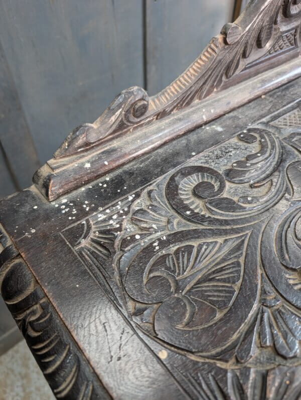 Highly Carved Dark Oak Late Victorian Bureau with Four Drawers & Cupboard