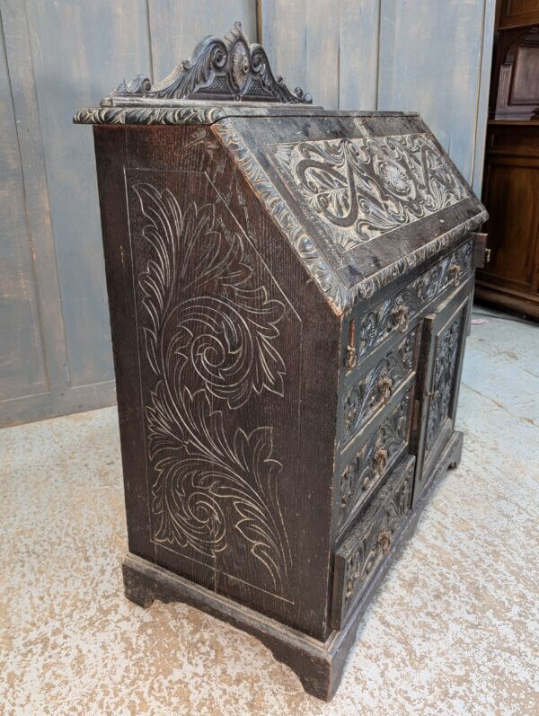 Highly Carved Dark Oak Late Victorian Bureau with Four Drawers & Cupboard