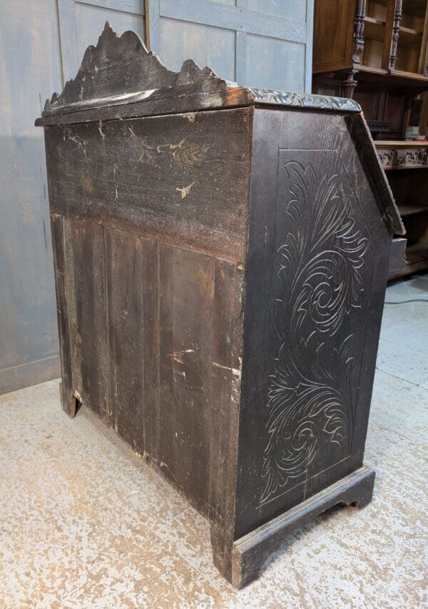 Highly Carved Dark Oak Late Victorian Bureau with Four Drawers & Cupboard