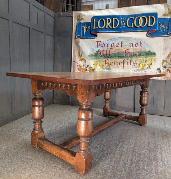 Generous Sized Red Tinged Oak Vintage 17th Century Style Refectory Table with Gadroons