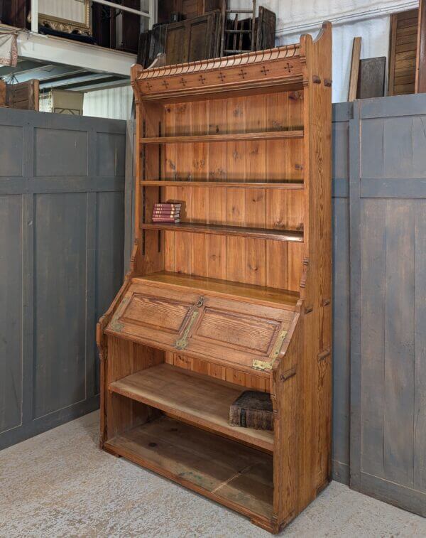 Extra Large Mild Gothic Antique Pitch Pine Bureau Bookcase