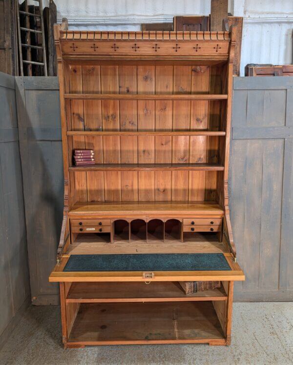 Extra Large Mild Gothic Antique Pitch Pine Bureau Bookcase