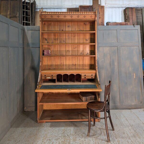 Extra Large Mild Gothic Antique Pitch Pine Bureau Bookcase