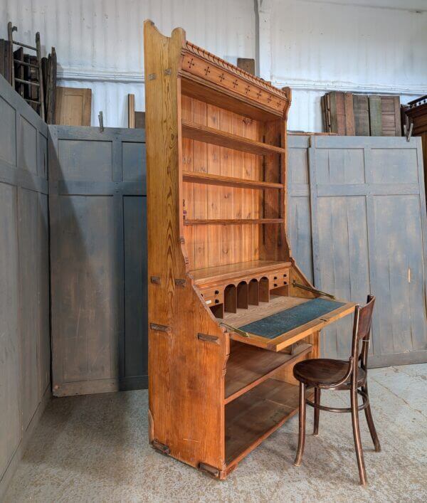 Extra Large Mild Gothic Antique Pitch Pine Bureau Bookcase