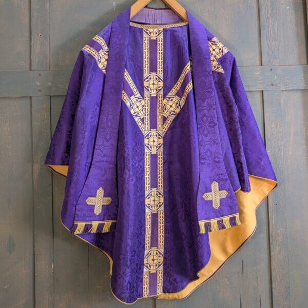 Very Nice Purple & Gold Chasuble with Broad Cross Patterned Orphreys