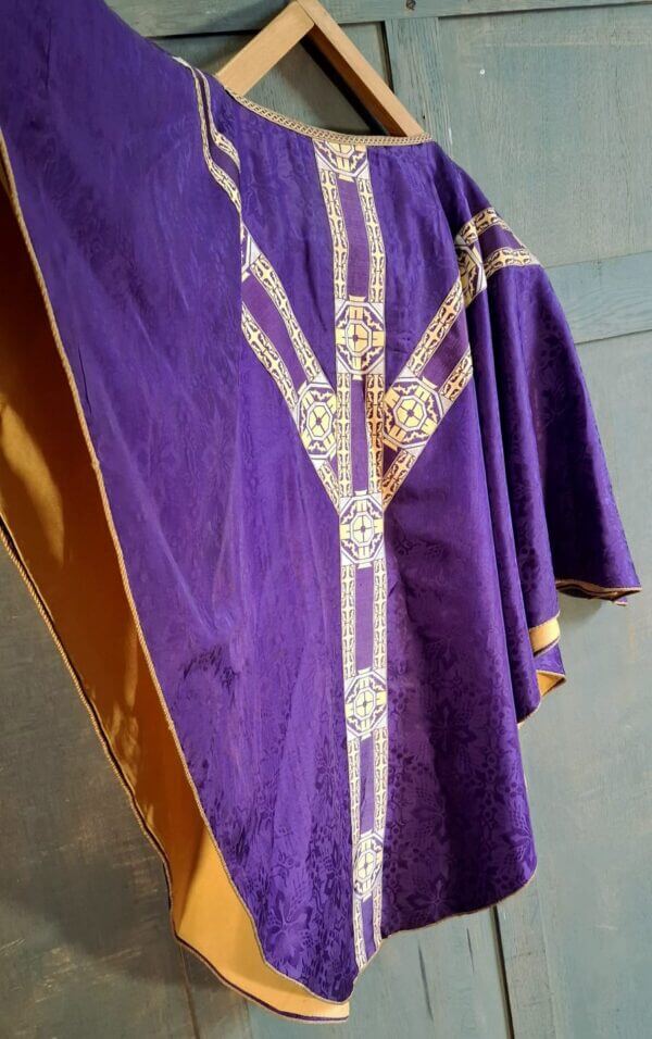 Very Nice Purple & Gold Chasuble with Broad Cross Patterned Orphreys