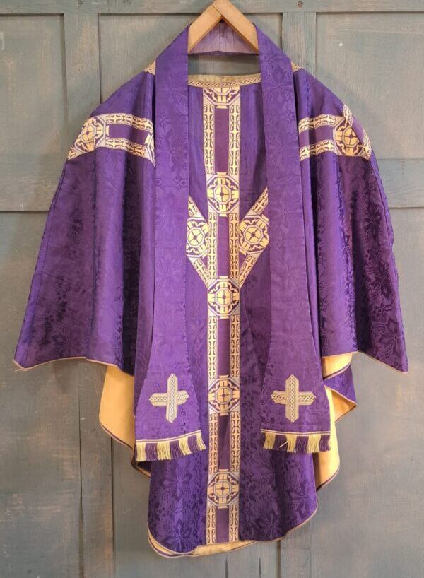 Very Nice Purple & Gold Chasuble with Broad Cross Patterned Orphreys