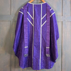 Classic 'Y' Shaped Semi-Gothic Purple Chasuble with Silver Orphreys Stole Maniple Burse & Veil