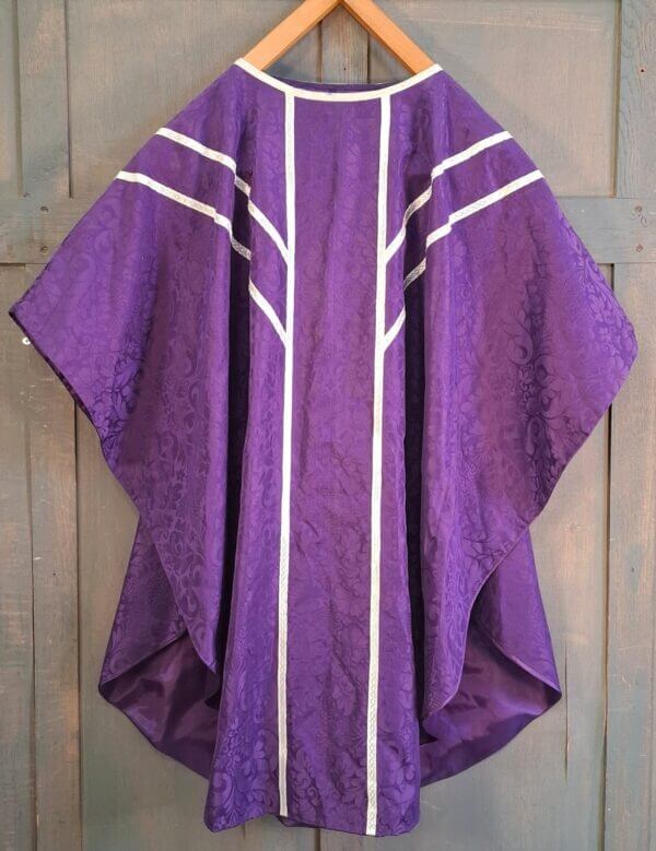 Classic 'Y' Shaped Semi-Gothic Purple Chasuble with Silver Orphreys Stole Maniple Burse & Veil