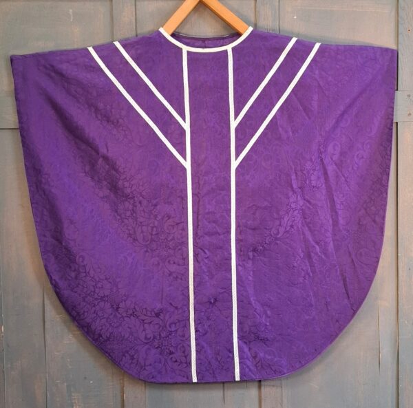 Classic 'Y' Shaped Semi-Gothic Purple Chasuble with Silver Orphreys Stole Maniple Burse & Veil