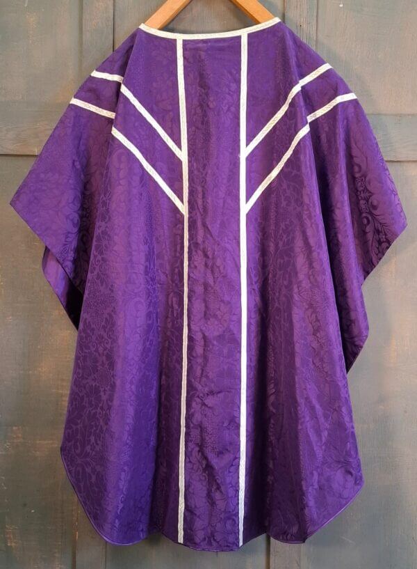 Classic 'Y' Shaped Semi-Gothic Purple Chasuble with Silver Orphreys Stole Maniple Burse & Veil