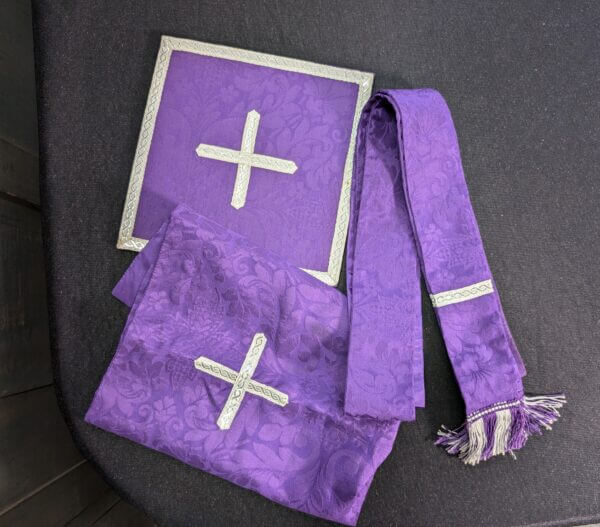 Classic 'Y' Shaped Semi-Gothic Purple Chasuble with Silver Orphreys Stole Maniple Burse & Veil