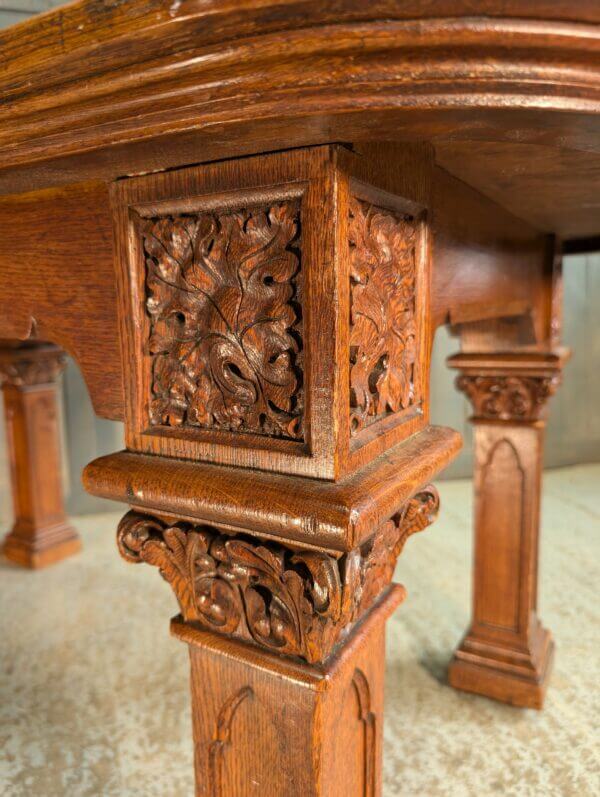 Unusual Carved Antique Oak Dining Table with Hidden Castors