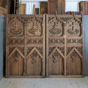 Two Large Spectacular Ecclesiastical Carved Oak Gothic Antique Altar Reredos Panels