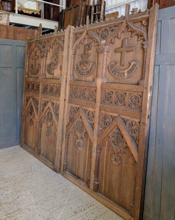 Two Large Spectacular Ecclesiastical Carved Oak Gothic Antique Altar Reredos Panels