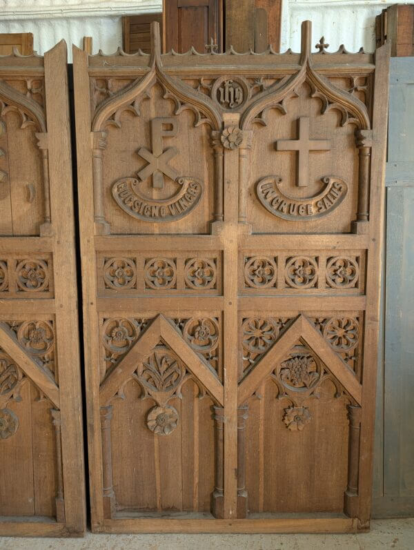 Two Large Spectacular Ecclesiastical Carved Oak Gothic Antique Altar Reredos Panels