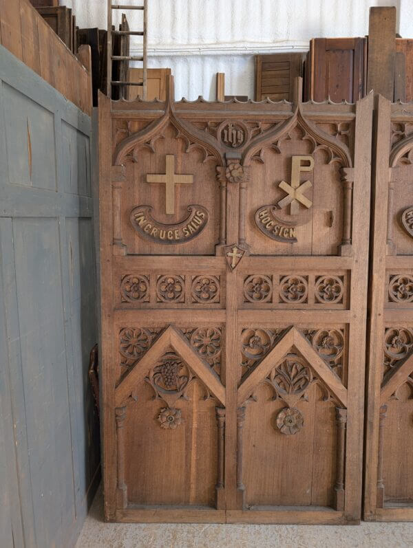 Two Large Spectacular Ecclesiastical Carved Oak Gothic Antique Altar Reredos Panels