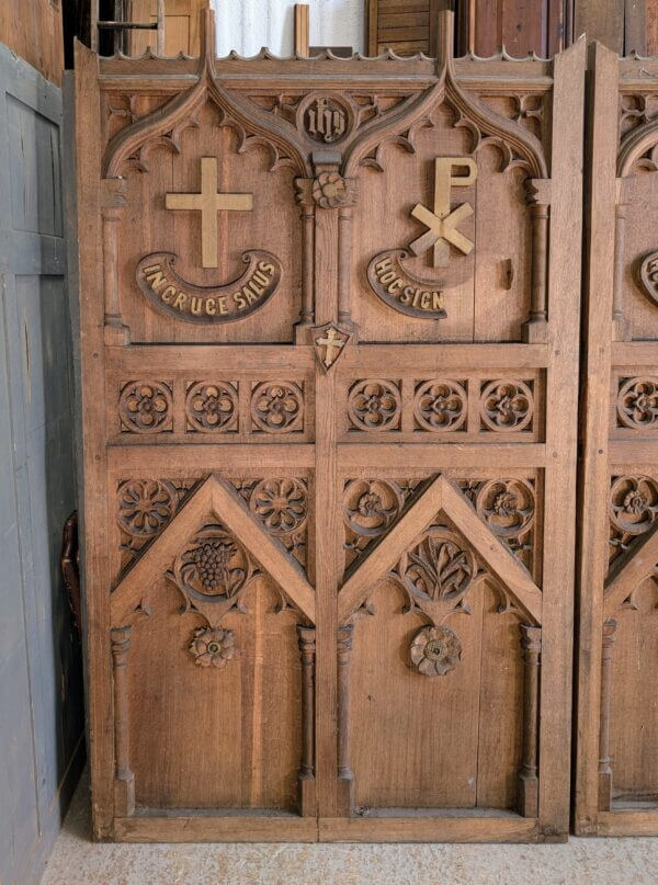 Two Large Spectacular Ecclesiastical Carved Oak Gothic Antique Altar Reredos Panels