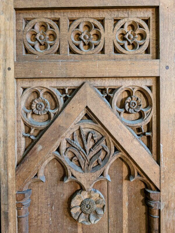 Two Large Spectacular Ecclesiastical Carved Oak Gothic Antique Altar Reredos Panels