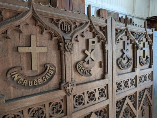 Two Large Spectacular Ecclesiastical Carved Oak Gothic Antique Altar Reredos Panels